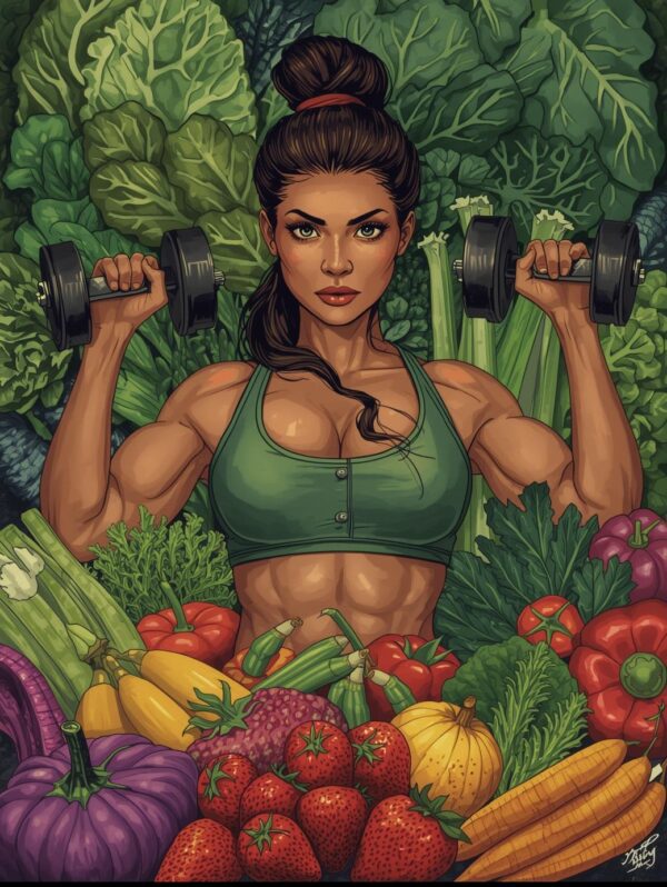 woman lifting weights surrounded by plant foods
