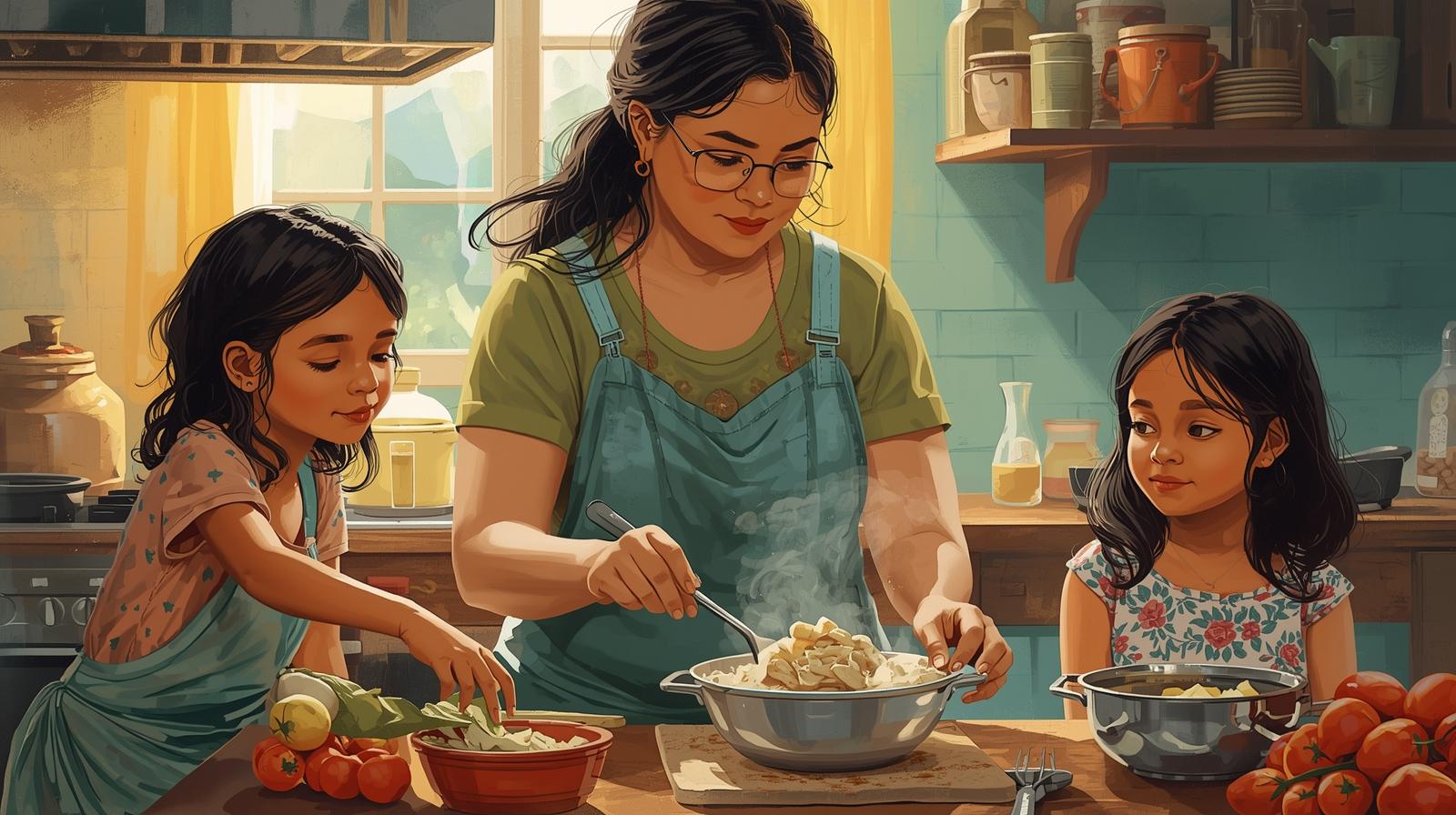 family cooking kitchen