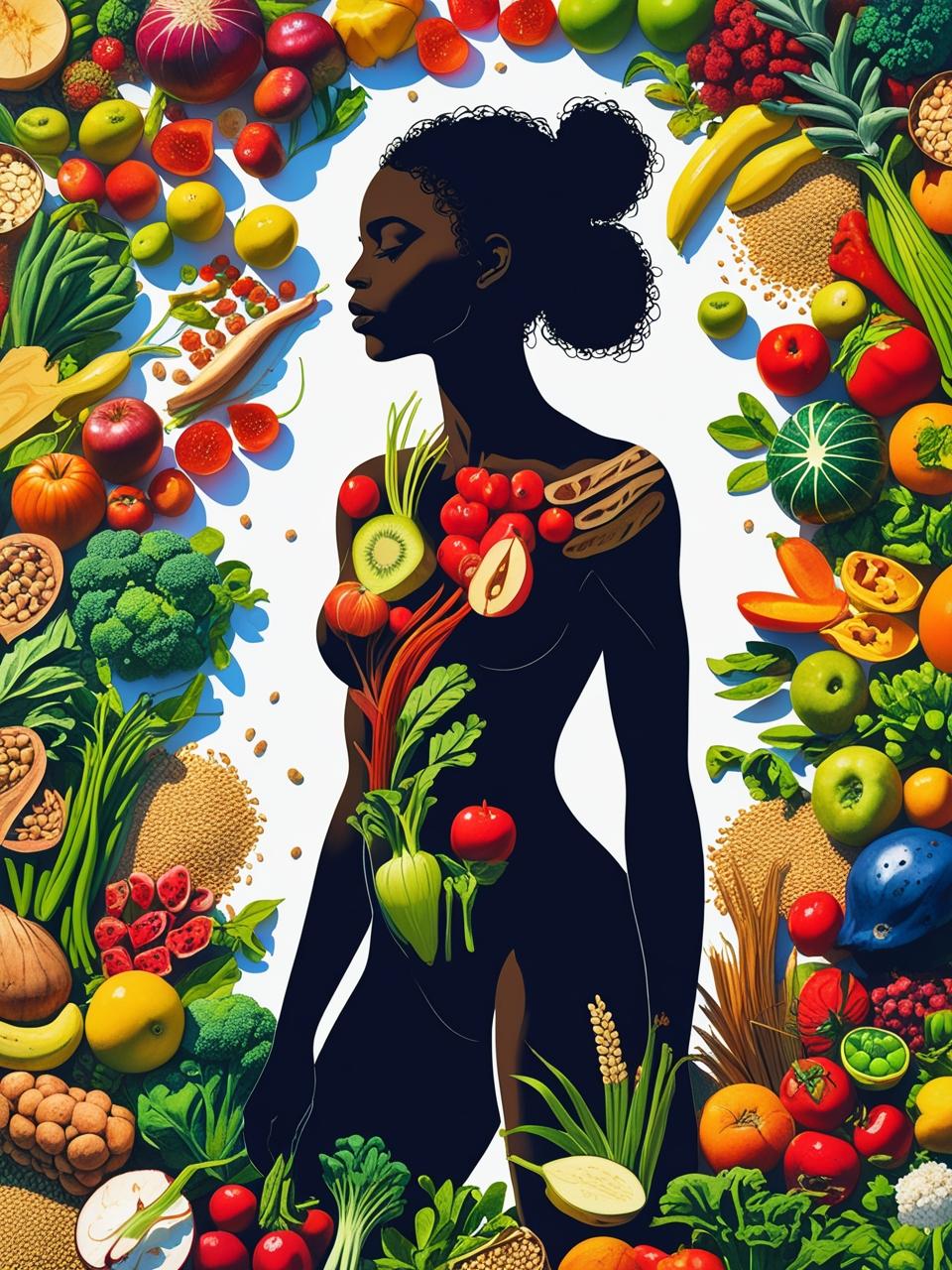 female body with plant foods