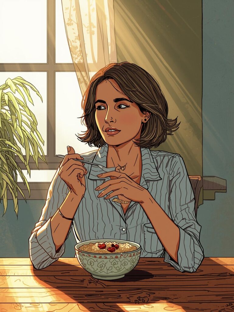 woman eating morning oatmeal easy plant breakfast