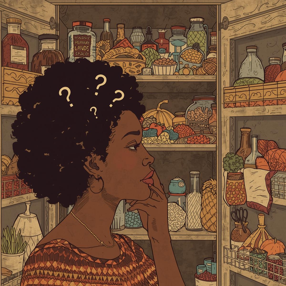 woman staring in pantry confused